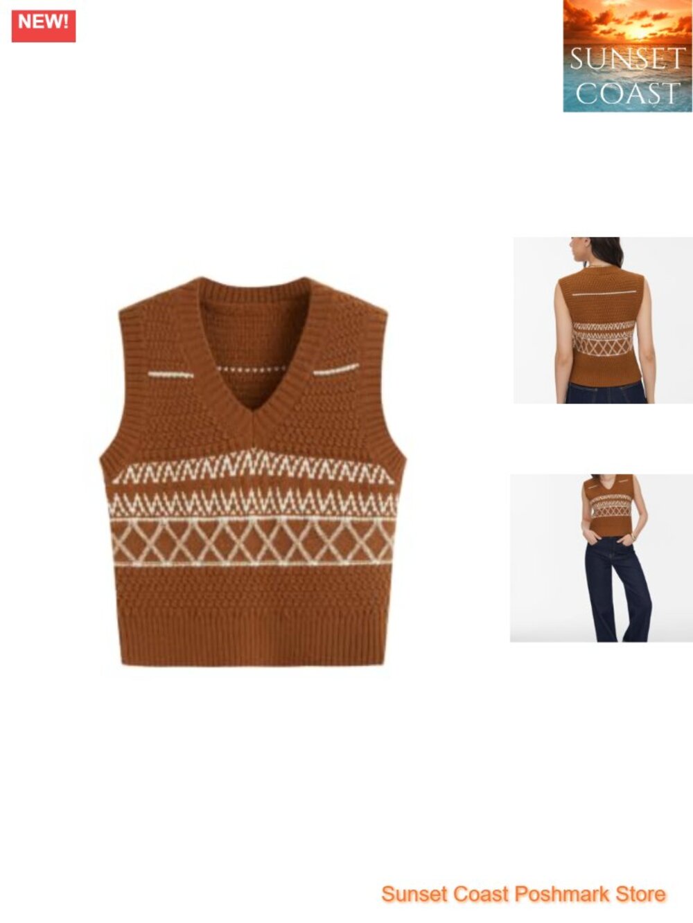 Geometric Sweater Vest Sleeveless Knitted Cropped V-Neck Top
